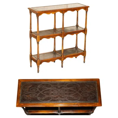 Pre-owned Theodore Alexander Stunning Solid Wood & Leather Embossed  Etagere Open Bookcase In Brown