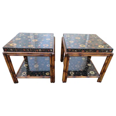 Pre-owned Theodore Alexander Unusual Pair  Bamboo Rattan Side/end Tables In Gray