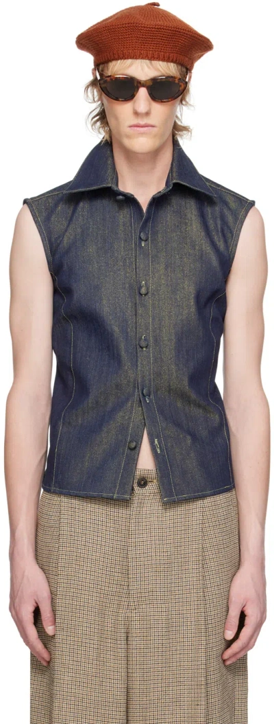Theophilio Ssense Exclusive Blue & Gold Denim Vest In Metallic Gold