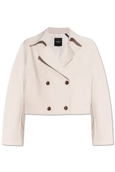Theory Admiral Crepe Double-breasted Crop Trench Coat In Pumice