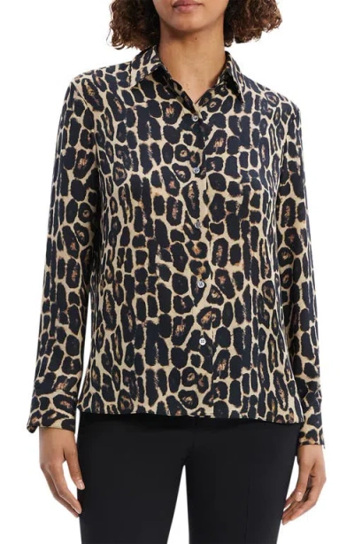 Theory Animal Print Button-up Shirt In Beige