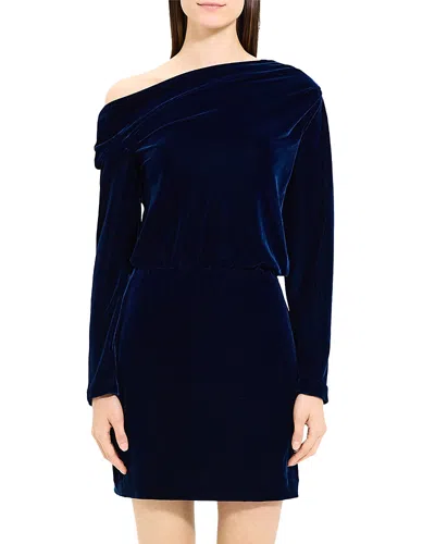 Theory Draped Velvet Off-shoulder Mini Dress In Blueberry