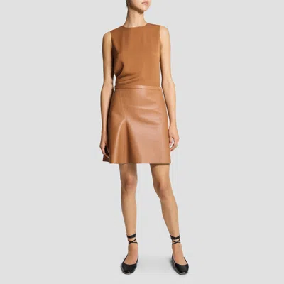 Theory Asymmetrical Mini Skirt In Sleek Leather In Brown