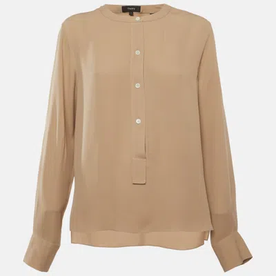 Pre-owned Theory Beige Chiffon Long Sleeve Blouse S In Sand