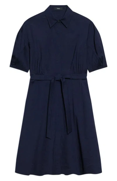 Theory Belted Linen Blend Shirtdress In Blue