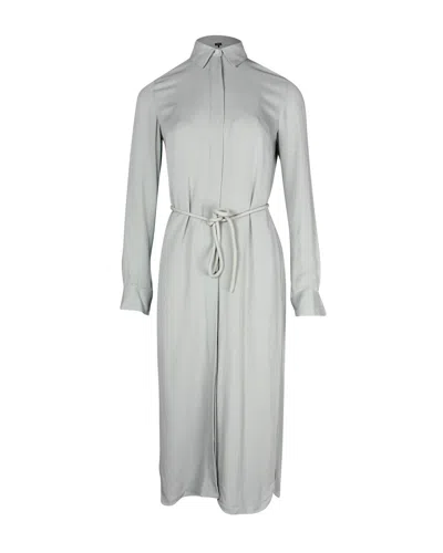 Theory Belted Midi Shirt Dress In Grey Silk
