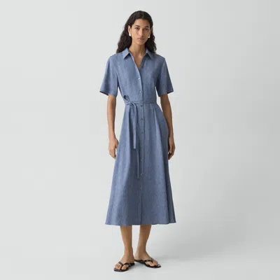 Theory Belted Shirt Dress In Fluid Linen In Blue