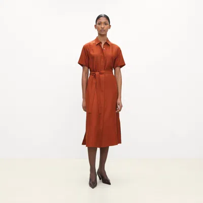 Theory Belted Shirt Dress In Mod Silk Twill In Orange