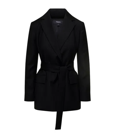Theory Belted Virgin-wool Blazer In Black