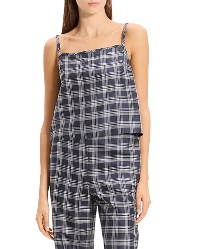 Theory Bind Strap Plaid Silk Top In Black