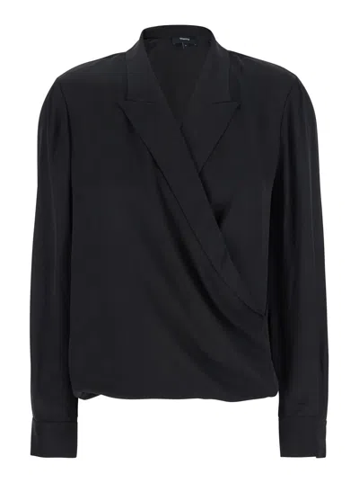 THEORY BLACK BLOUSE WITH PEAK REVERS AND CROSSOVER NECK IN SILK WOMAN