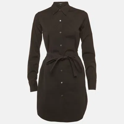 Theory Black Cotton Long Sleeve Shirt Dress In Green