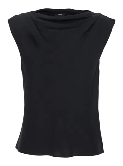 THEORY BLACK CREWNECK TOP WITH RUCHED DETAILS ON THE FRONT IN SILK WOMAN