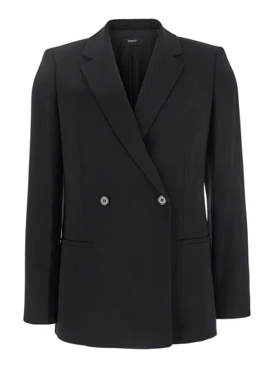 Theory Black Double Breasted Jacket With Shoulder Pads In Tech Fabric Woman In Navy
