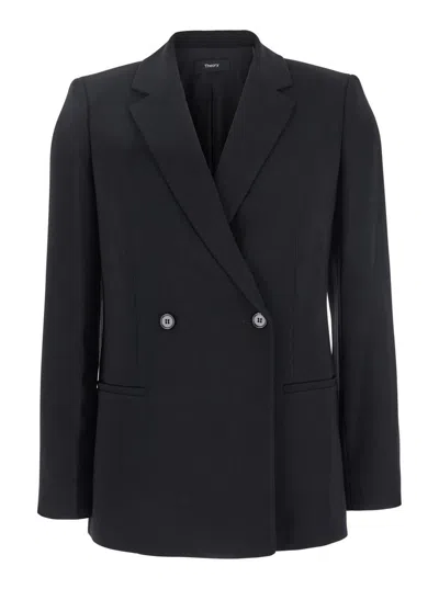 THEORY BLACK DOUBLE BREASTED JACKET WITH SHOULDER PADS IN TECH FABRIC WOMAN