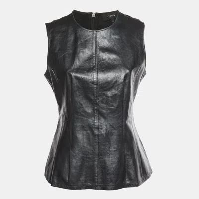 Pre-owned Theory Black Lambskin Leather Peplum Top M