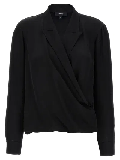 THEORY WOMEN BLACK PK LABEL WRAP BLOUSE, L LUXURY TOPS FOR WOMEN DARVEYS