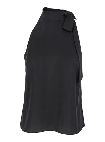 THEORY BLACK SLEEVELESS TOP WITH HALTERNECK AND SIDE TIE DETAIL IN TECH FABRIC WOMAN