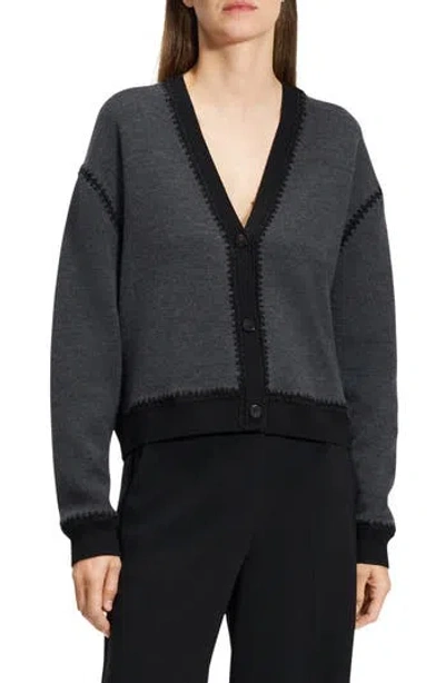 Theory Blanket Stitch Detail Merino Wool Cardigan In Black