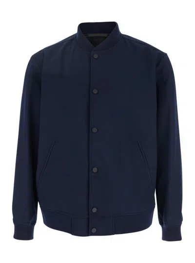 THEORY BLUE BOMBER JACKET WITH SNAP BUTTON CLOSURE