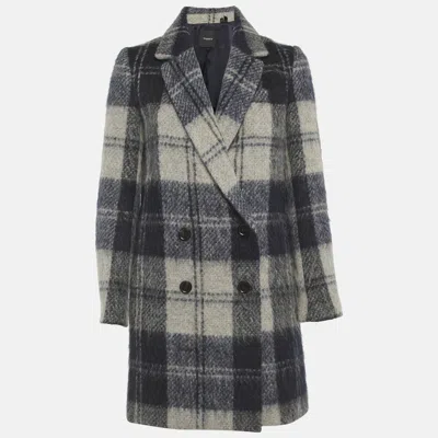 Pre-owned Theory Blue/grey Plaid Pattern Wool Blend Double Breasted Coat Xs In Gray