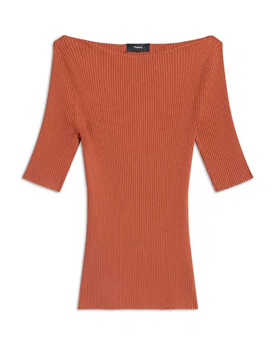 Theory Boat Neck Rib Knit Sweater In Brown