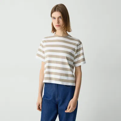 Theory Boxy Crewneck Tee In Striped Cotton In Taupe Multi