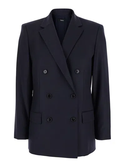 THEORY BLUE DOUBLE-BREASTED JACKET WITH NOTCHED REVERS IN WOOL WOMAN