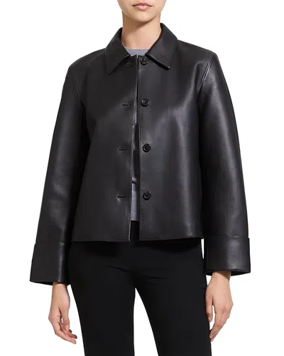 Theory Boxy Leather Cuffed Jacket In Black