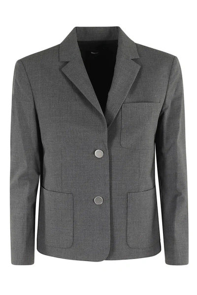 Theory Boxy Patch Pocket Blazer In Good Wool In Charcoal Melange