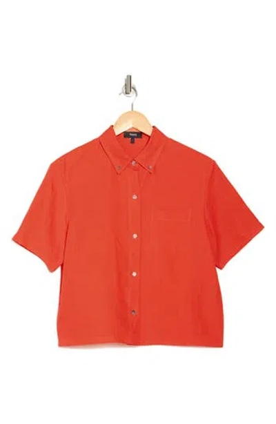 Theory Boxy Short Sleeve Linen Button-down Shirt In Bright Coral