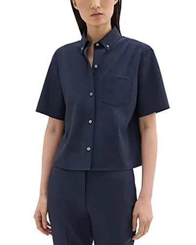 Theory Boxy Short Sleeve Wool Blend Button-down Shirt In Blue