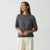 Theory Neo Sag Harbor Stripe Linen Blend Boyfriend T-shirt In Nocturne Navy Multi