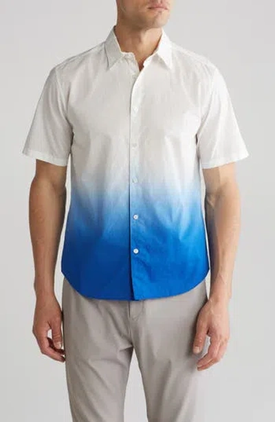 Theory Bronson Dip Dye Short Sleeve Cotton Button-up Shirt In White/klein Blue