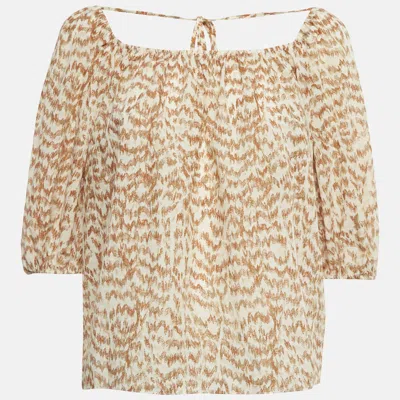 Theory Brown Desert Lawn Print Crepe Ss Scoop Tie Top