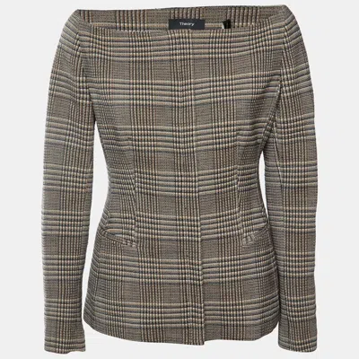 Pre-owned Theory Brown Plaid Check Wool Hadfield Off-the-shoulder Jacket M