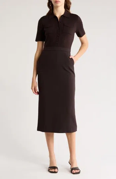 Theory Button Front Mixed Media Crepe Dress In Hickory