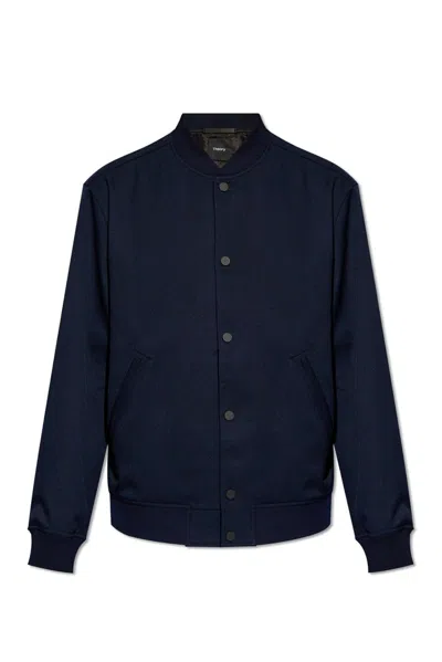 Theory Blue Bomber Jacket With Snap Button Closure In Wool Blend Man In Navy