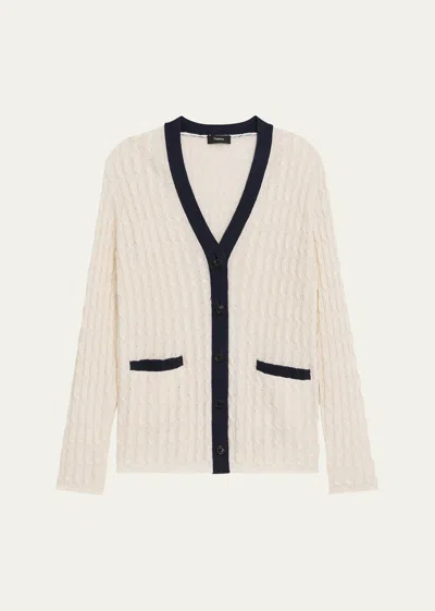 Theory Cable-knit Contrast-trim Cardigan In Bnnctrnvy