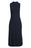 Theory Cable Stitch Sleeveless Wool Blend Sweater Midi Dress In Blue