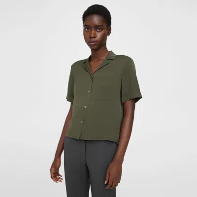 Theory Camp Shirt In Silk Georgette In Dark Olive