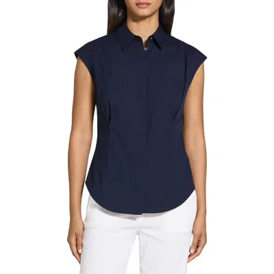 Theory Cinched Cap Sleeve Shirt In Good Cotton In New Navy