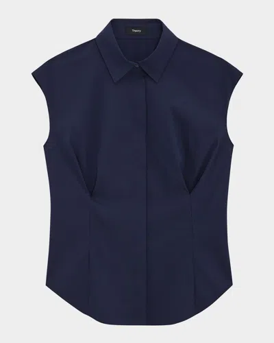 Theory Cinched Cap Sleeve Shirt In Good Cotton In New Navy