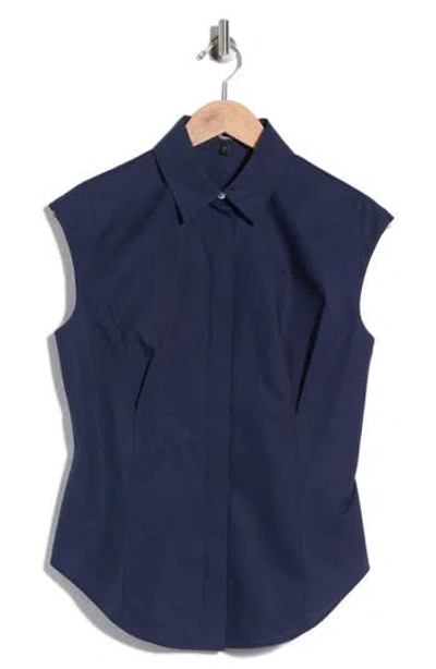 Theory Cap Sleeve Cinched Poplin Shirt In Blue