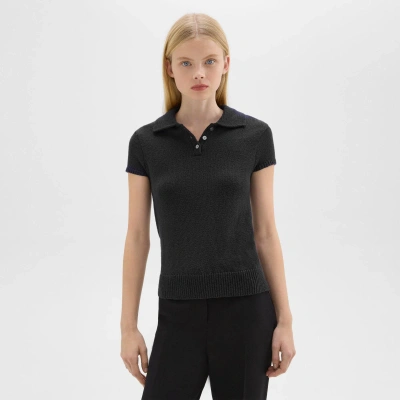Theory Cap Sleeve Polo In Cotton-wool Bouclé In Black