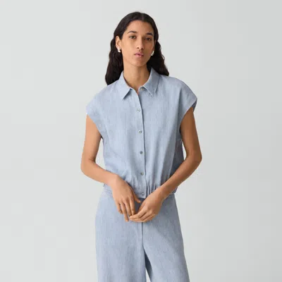 Theory Dolman Sleeve Crop Linen Blend Chambray Button-up Shirt In Blue