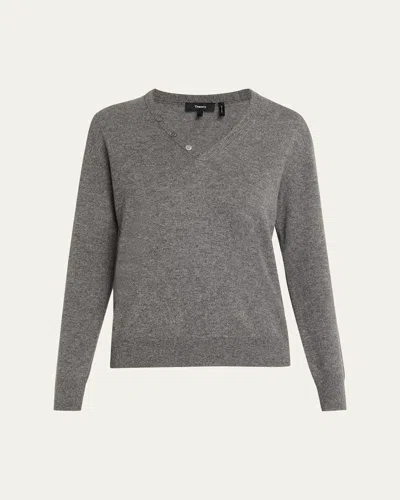 Theory Cashmere Button-neck Sweater In Gray