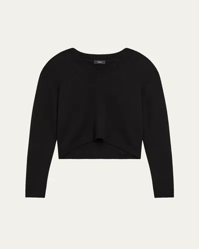 Theory Cashmere Cropped V-neck Pullover Sweater In Black