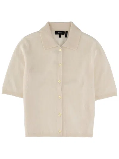 Theory Cashmere Short-sleeve Button Front Cardigan In Ivory