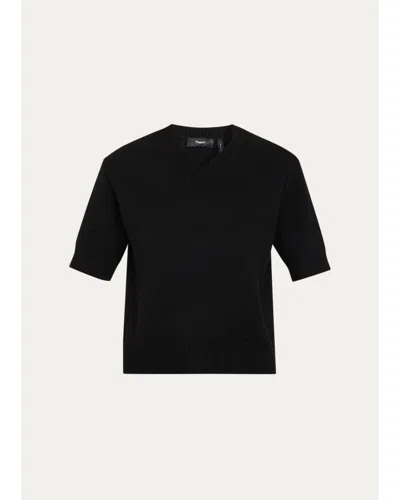 Theory Cashmere Short-sleeved Crop Sweater In Black